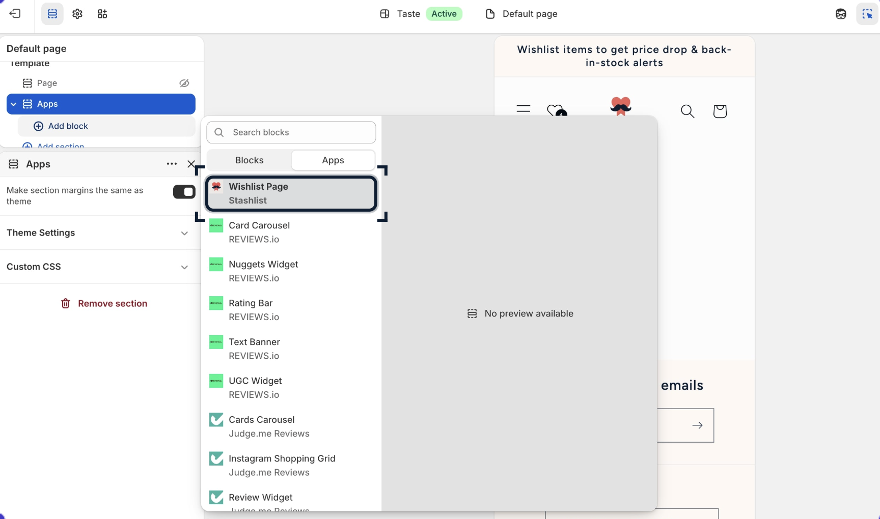 The theme editor sidebar showing the Wishlist Page block available under Apps